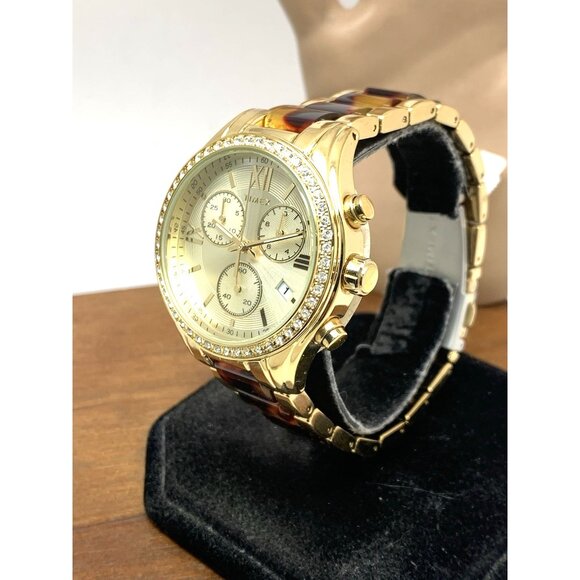 Timex Women's Watch TW2V74800 Quartz Chronograph Gold Tortoise Gemmed 38mm - Picture 2 of 14
